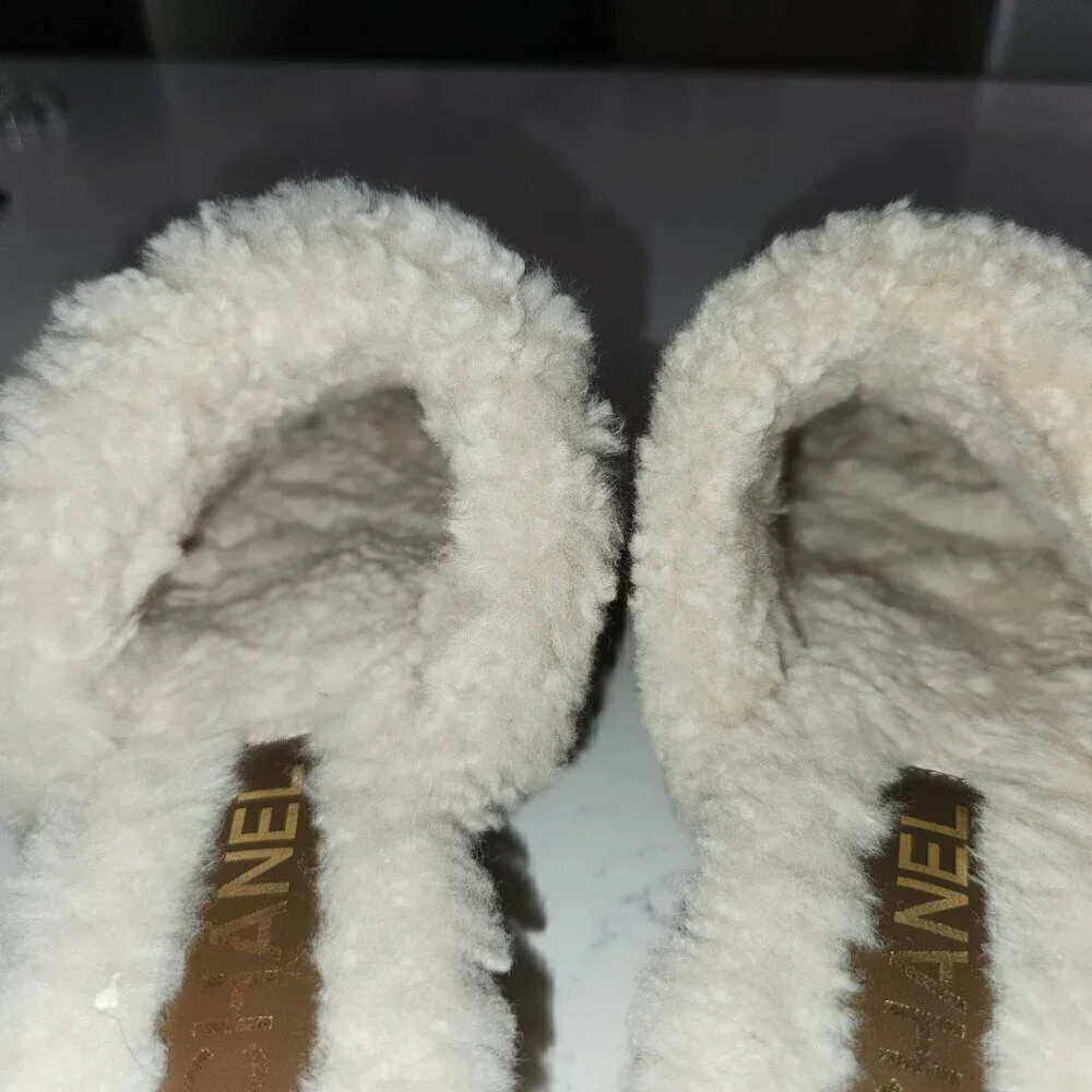 Chanel Suede Calfskin Shearling Turn Lock Clogs, Authentic